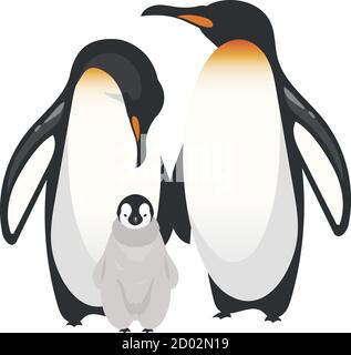 Illustrazione vettoriale a colori piatti dei pinguini dell'imperatore. Uccelli adulti senza luce con pulcino. Specie di razza marina antartica. Gruppo di creature artiche isolato Illustrazione Vettoriale