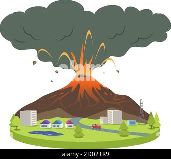 Eruzione vulcanica in piccola città cartoni animati illustrazione vettoriale. Attività vulcanica. Vulcano attivo che sputano lava e fumo. Catastrofe, calamità. Piatto Illustrazione Vettoriale