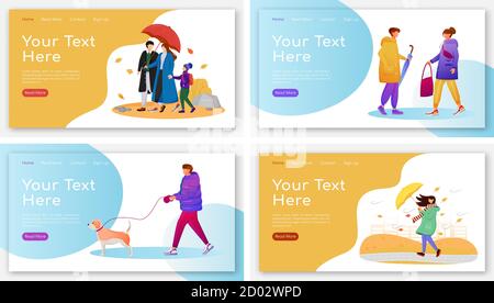 Pagine di destinazione delle persone che camminano set di modelli vettoriali a colori piatti. Esseri umani con ombrelli layout homepage. Rainy giorno una pagina di interfaccia sito web con cartone animato Illustrazione Vettoriale