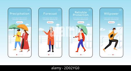 Tempo piovoso camminare onboarding mobile app schermo piatto vettore modello. Precipitazioni, previsioni. Procedura dettagliata del sito Web con caratteri. UX, UI Illustrazione Vettoriale