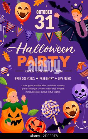 Cornice per vacanze Halloween, modello banner poster. Layout dell'invito per i party flyer. Illustrazione vettoriale. Sfondo viola con bambini in zucca e v Illustrazione Vettoriale