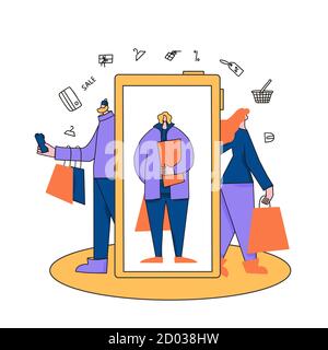 Shopping online. Tre personaggi con borse per la spesa. Le piccole persone indossano abiti alla moda con una scena enorme smartphone. Concetto di vendita di e-Comhers. Vettore Illustrazione Vettoriale