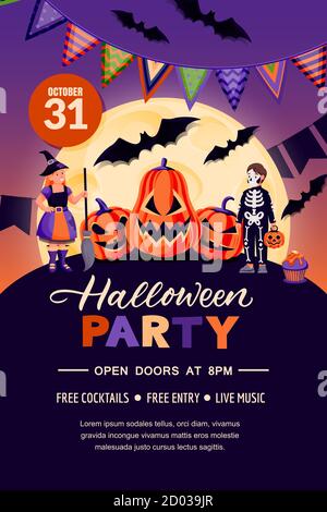 Modello banner poster Halloween Holiday. Layout dell'invito per i party flyer. Illustrazione vettoriale. Sfondo notturno con bambini in costume di strega e scheletro Illustrazione Vettoriale