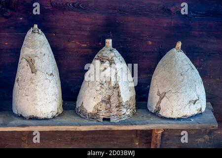 Tre vecchi hanno consumato gli alveari su una fila al villaggio di ethno Sirogojno, Serbia. Foto Stock