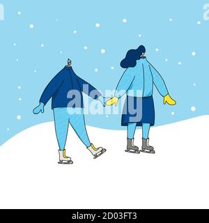 Pattinatori di ghiaccio. Coppia di persone vestite con abiti caldi invernali che pattinano sulla pista. Due amici che trascorrono il tempo insieme. Uomo e donna che tengono le mani eac Illustrazione Vettoriale