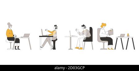 Videochiamata. Intervista online set . Persone che si siedono sul laptop e che parlano a distanza con i colleghi, famiglia isolata su sfondo bianco. Vecotor, illus piatto Illustrazione Vettoriale