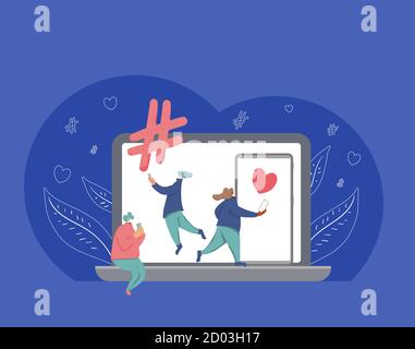 Concetto di social media. SMM. Personaggi carini che usano il loro cellulare per inviare un messaggio con un telefono e un computer portatile di grandi dimensioni. Due giovani che chiacchiano con la loro p Illustrazione Vettoriale