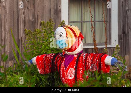 Lo scarrecrow di Halloween vestito in un kimono giapponese con un volto Maschera nel Giardino Murakami di Steveston durante il Covid 19 pandemia della Columbia Britannica CA Foto Stock
