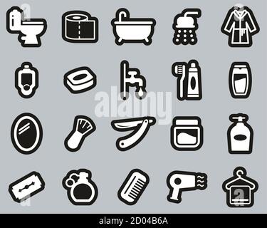 Icone bagno o doccia Bianco su nero Sticker Set grande Illustrazione Vettoriale