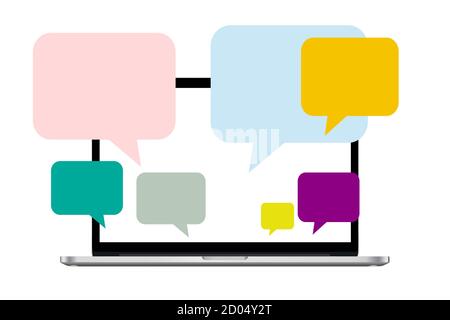 Chat Window Social Media Bubbles su laptop, persone lavoro remoto Illustrazione Vettoriale