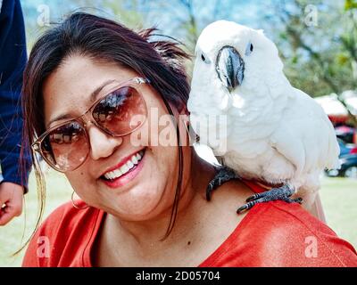 Cockatoo bianco e sudest asiatico donna in posa per una foto. Foto Stock