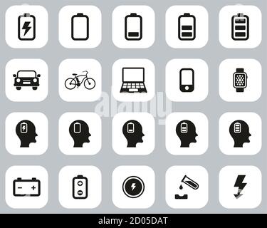 Icone della batteria o dell'alimentazione elettrica Design piatto in bianco e nero Imposta grande Illustrazione Vettoriale
