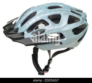 Casco da bicicletta Uvex in argento e blu fotografato su un bianco sfondo Foto Stock