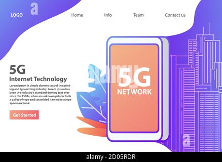 Tecnologia wireless di rete 5G. Città intelligente. Concetto di banner del sito Web. Illustrazione Vettoriale