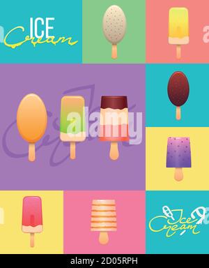 Impostare l'icona vettore gelato. Raccolta di illustrazioni di gelato. Set di logo gelateria Illustrazione Vettoriale