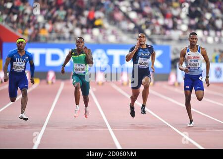 Michael Rodgers (USA), Akani Simbine (RSA), Jimmy Vicaut (fra), Zharnel Hughes (GBR). 100 metri, Semifinale. Campionato mondiale di atletica, Doha 2019 Foto Stock