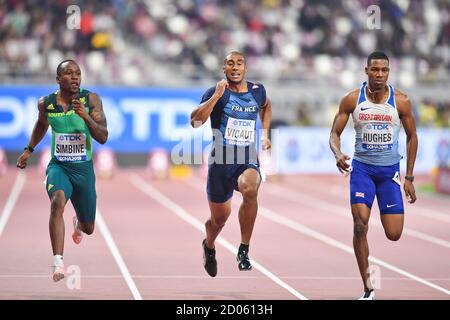 Akani Simbine (RSA), Jimmy Vicaut (fra), Zharnel Hughes (GBR). 100 metri uomini, Semifinale. IAAF World Athletics Championships, Doha 2019 Foto Stock