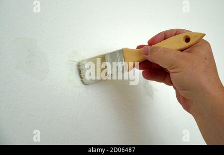 Un uomo sta dipingendo una parete di colore bianco con un pennello. Sta migliorando la sua casa, rimuovendo le macchie sul muro. Lavora in movimenti delicati. Foto Stock