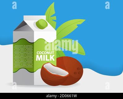 Non lattiero-caseario. Latte vegano di cocco in confezione sacchetto di cartone. Latte a base di piante. Illustrazione Vettoriale