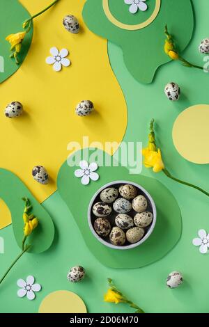 Decorazioni pasquali su sfondo astratto di forma verde e gialla. Piatto, vista dall'alto con uova di quaglia, fiori freschi di freesia. Foto Stock