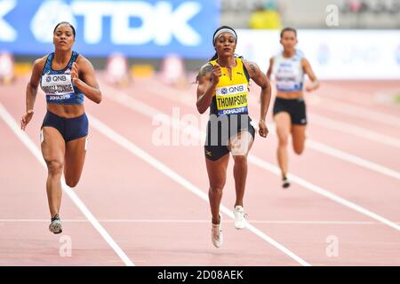 Elaine Thompson (Giamaica), Orlann Ombissa-Dzangue (Francia). 100 metri, rotonda 1. IAAF World Athletics Championships, Doha 2019 Foto Stock