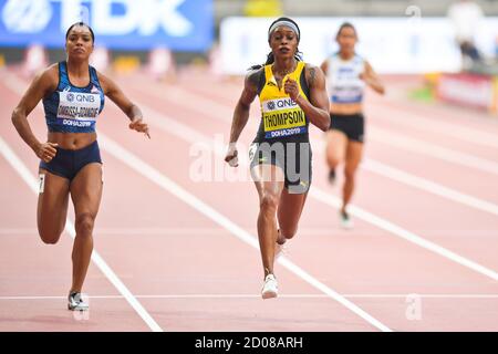 Elaine Thompson (Giamaica), Orlann Ombissa-Dzangue (Francia). 100 metri, rotonda 1. IAAF World Athletics Championships, Doha 2019 Foto Stock