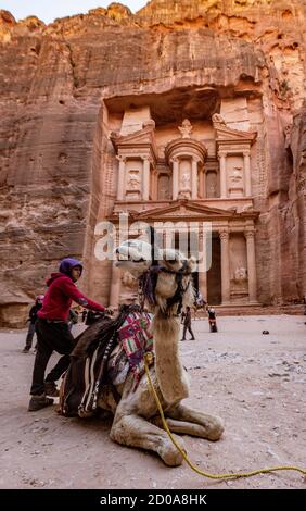 Petra, Giordania - 2019-04-21 - cammelli riposo nella parte anteriore del Treasurary in Petra, in attesa di un pagato Ride. Foto Stock