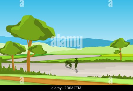 Asian Farmer coltivare riso campo Paddy Plantation Agricoltura Illustrazione Illustrazione Vettoriale