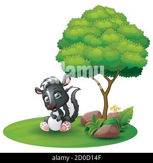 Illustrazione vettoriale di Cartoon skunk seduto sotto un albero su uno sfondo bianco Illustrazione Vettoriale
