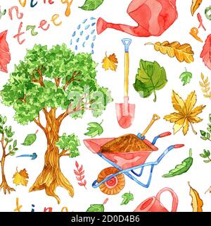 Modello senza cuciture con concetto di piantatura di alberi, vanga e autocarro da lavoro. Set di doodle acquerelli con oggetti da giardino vintage, illustrazione disegnata a mano, summ Foto Stock