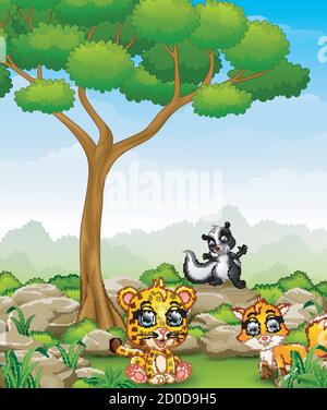 Illustrazione vettoriale di Cartoon cheetah con skunk e volpe dentro la giungla Illustrazione Vettoriale