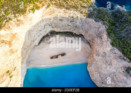 Zante, Grecia - 20 settembre 2020: Isola di Zante Grecia naufragio Navagio spiaggia fotografia aerea in Grecia. Foto Stock