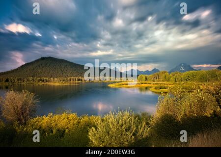 Mount Moran e l'Oxbow Bend del fiume Snake, Grand Teton National Park, Wyoming, Stati Uniti Foto Stock