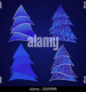 Insieme vettoriale di albero di Natale stilizzato. Nei colori bianco e blu. Gradiente utilizzato. Illustrazione Vettoriale