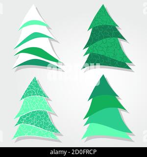Insieme vettoriale di albero di Natale stilizzato. Nei colori bianco e verde. Illustrazione Vettoriale