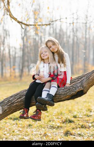 I bambini sorridenti della sorella siedono su un albero nel Parco d'autunno e si abbracciano Foto Stock