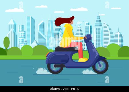 Scooter femminile in stile retrò nel moderno parco cittadino. Donna guida blu ciclomotore sulla strada. Girl conducente di moto d'epoca. Hipster sulla vita in moto in stile di vita vettoriale eps illustrazione Illustrazione Vettoriale