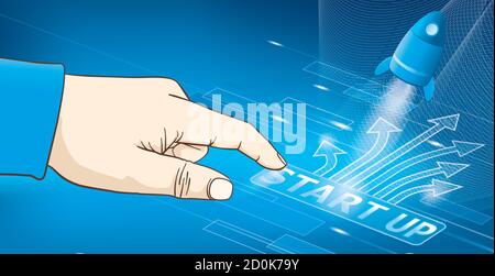 Immagine vettoriale di una mano maschio che tocca il pulsante di avvio su uno schermo a sfioramento. Illustrazione Vettoriale