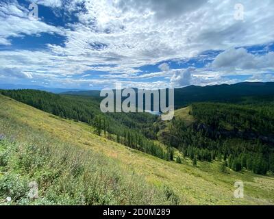 Paesaggio montano all'aperto che raffigura nuvole, conifere e prati Foto Stock