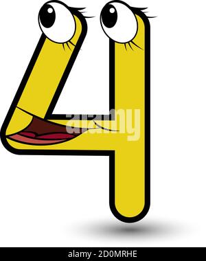 Divertente carattere disegnato a mano in stile cartoon colorato giallo numero quattro con faccia sorridente vettore alfabeto illustrazione isolato su bianco. Buono per i bambini imparare Illustrazione Vettoriale