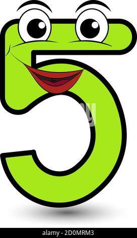 Divertente carattere disegnato a mano in stile cartoon colorato verde chiaro numero cinque con faccia sorridente vettore alfabeto illustrazione isolato su bianco. Ottimo per i bambini Illustrazione Vettoriale