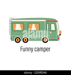 Camper colorato. Auto di intrattenimento. Casa mobile per attività ricreative fuori città e attività ricreative all'aperto. Illustrazione vettoriale su sfondo isolato Illustrazione Vettoriale