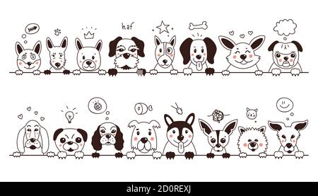 Set di cani carini. Doodle Dogs stanno pensando a qualcosa. Illustrazione vettoriale su sfondo bianco isolato Illustrazione Vettoriale