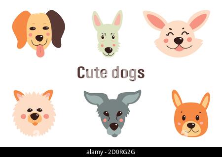 Set di cani carini. Illustrazione vettoriale su sfondo bianco isolato Illustrazione Vettoriale