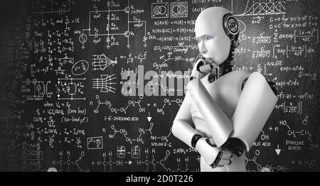 Thinking ai humanoid robot analisi schermo di matematica formula e. equazione scientifica utilizzando l'intelligenza artificiale e il processo di apprendimento automatico Foto Stock