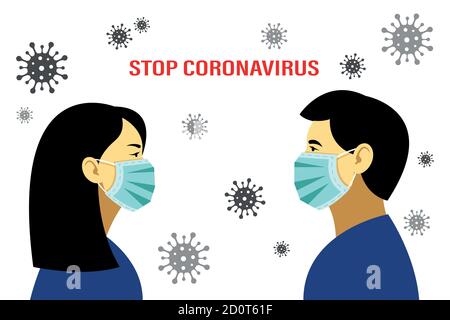 Coronavirus in Cina. Nuovo coronavirus 2019-nKoV , una donna e un uomo in una maschera medica. Il concetto di quarantena del coronavirus Illustrazione Vettoriale
