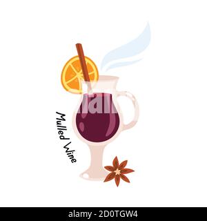 VIN brulé con fetta di arancia e bastone di cannella. Illustrazione vettoriale, stile piatto Illustrazione Vettoriale
