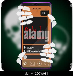 Telefono con spaventoso testo di Halloween. Lo scheletro sta tenendo il telefono. Illustrazione vettoriale. Illustrazione Vettoriale
