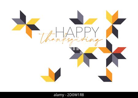 Design grafico moderno, divertente e allegro di un detto 'Happy Thanksgiving' con forme geometriche in autunno foglie astrazione in rosso, arancione e grigio c. Foto Stock