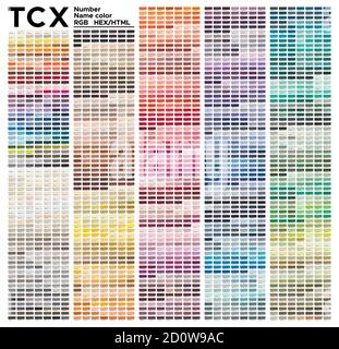 Grafico a colori Pantone dei colori della Moda, della Casa e degli interni. Tavolozza dei colori con numero, campioni di colore con nome, grafico conforme a pantone RGB, HTML Illustrazione Vettoriale